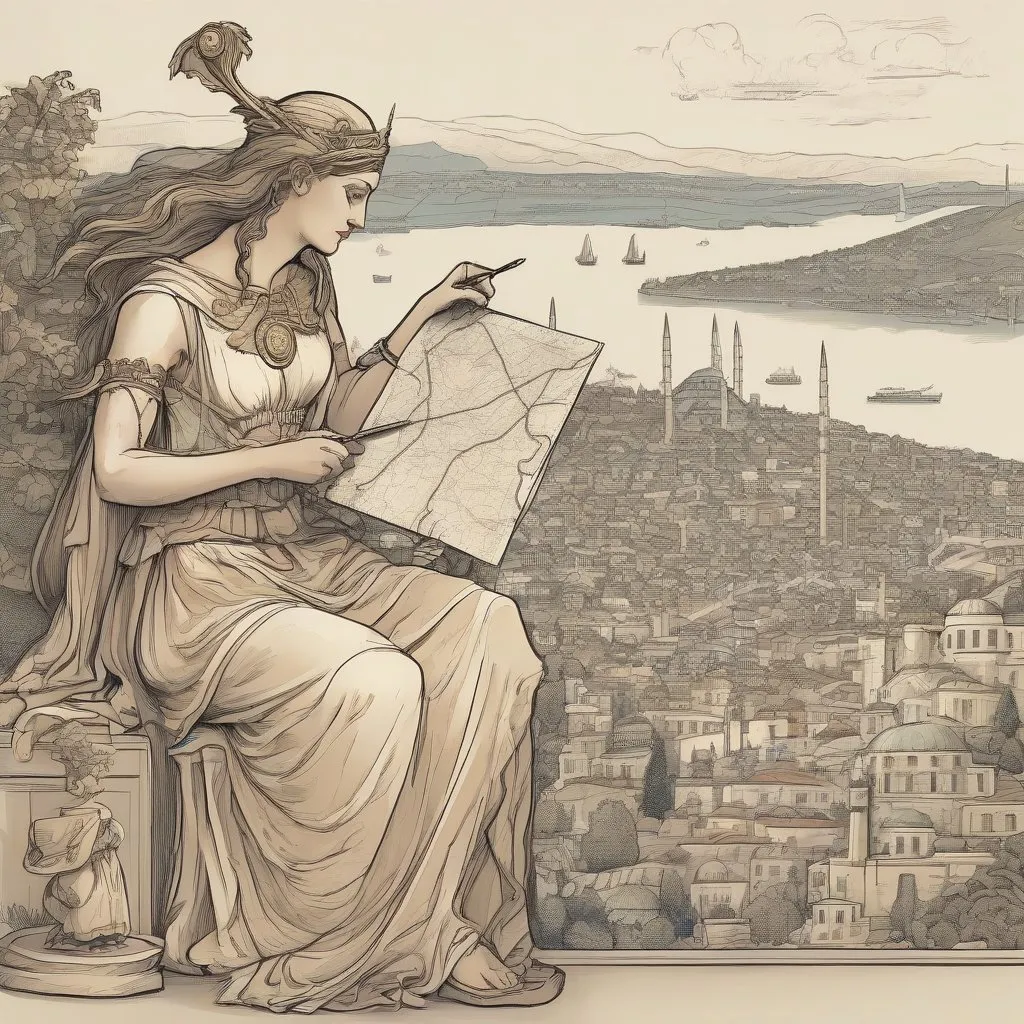 Goddess Artemis drawing the map of Istanbul, Generated with SDXL