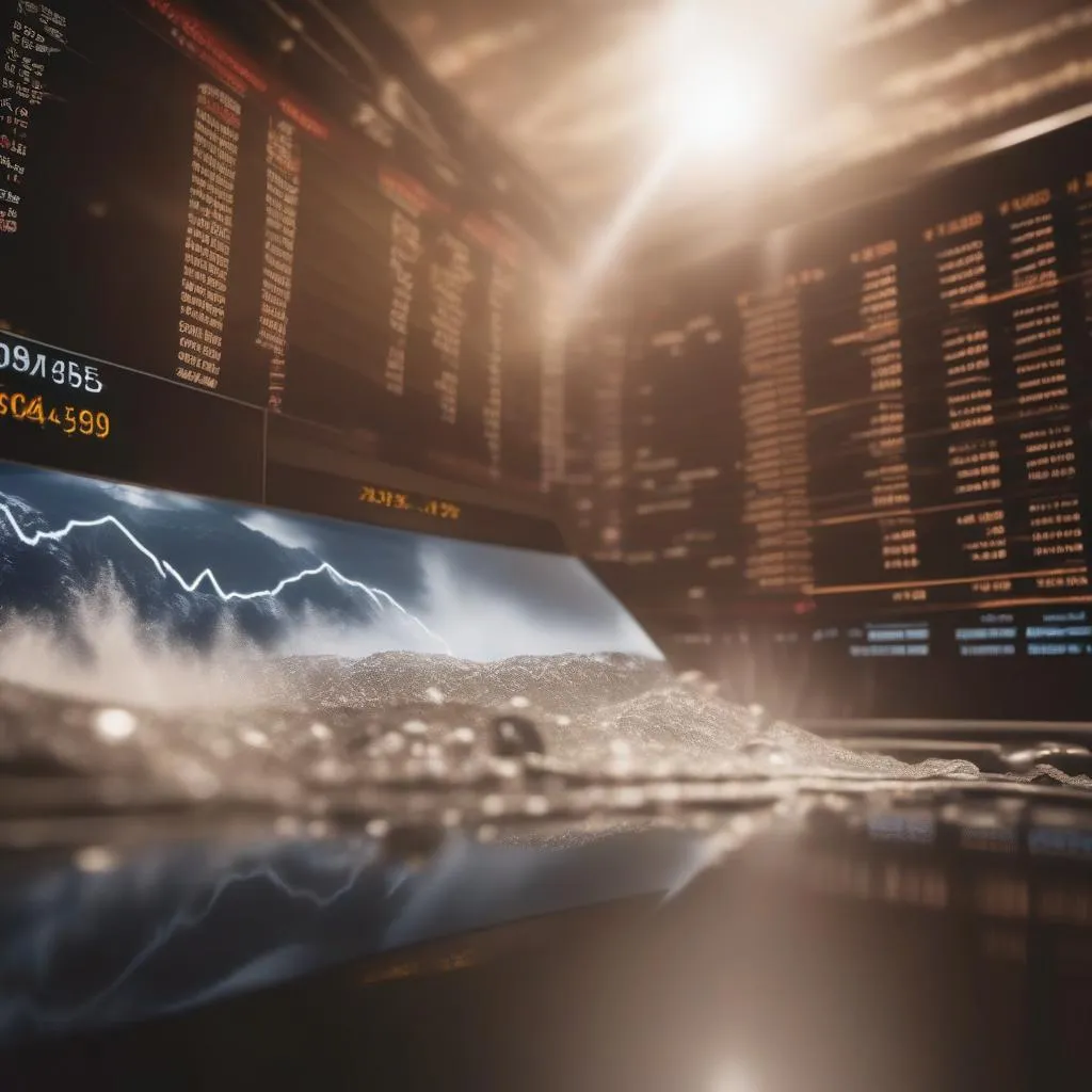 "Stock Market Crash, screens show downtrend indicators, extreme weather events in the background" generated by SDXL