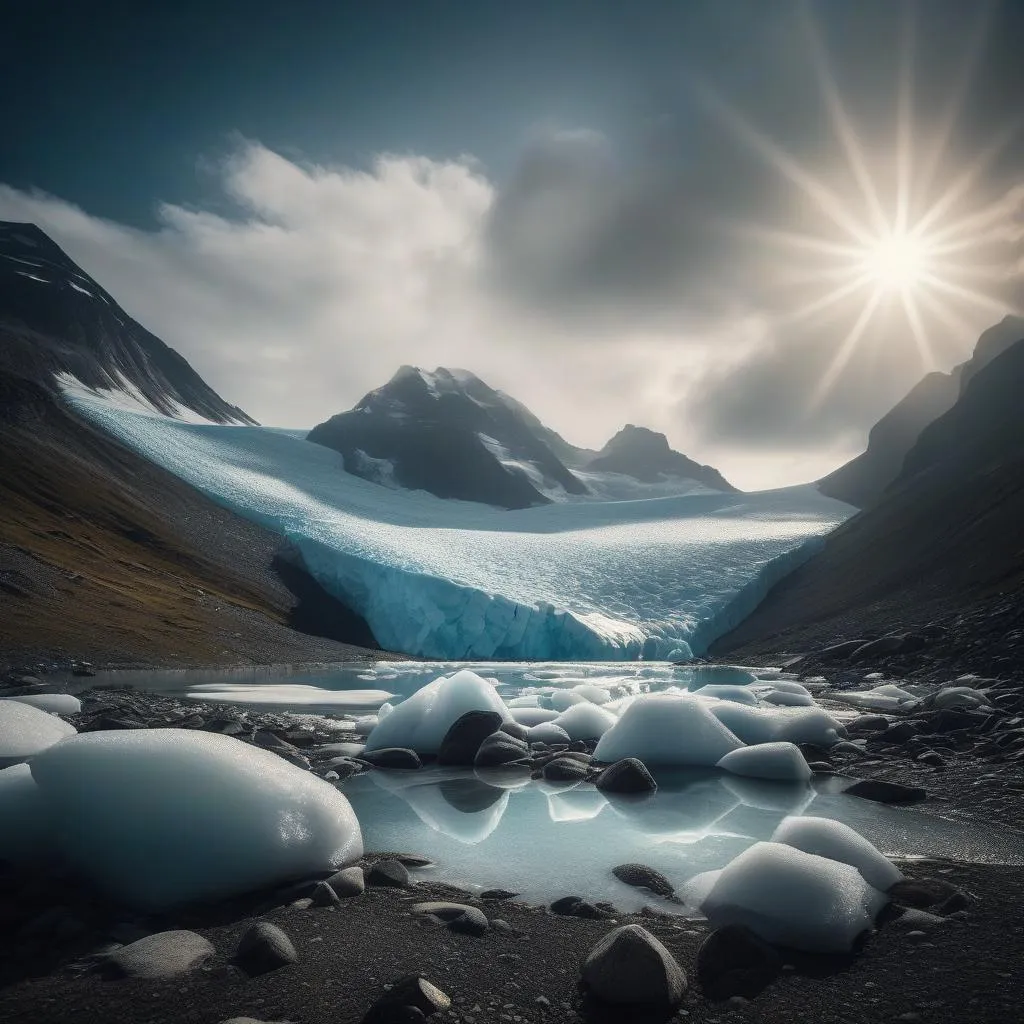 "A Melting Glacier With The Sun's Rays Reflected, Causing An Unprecedented Ecosystem Disruption That Reshapes The Natural Habitat As A Direct Consequence Of Climate Change" generated by SDXL