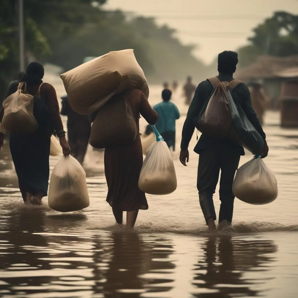   "A Group Of Families Carrying Their Belongings In Bags As They Wade Through Sudden Flooding In Low-lying Areas Due To Extreme Weather Events Caused By Climate Change" Generated by SDXL