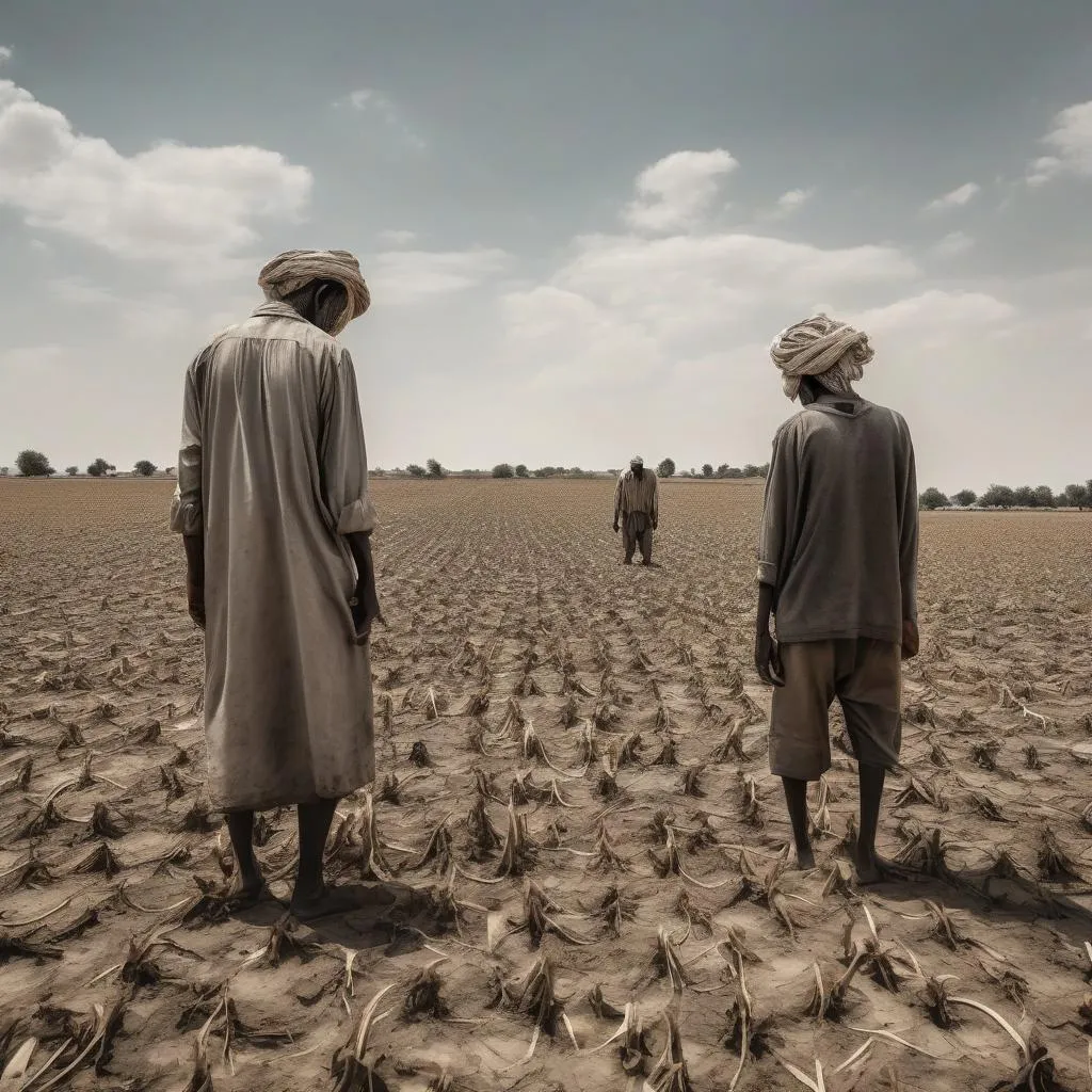 "A Withered And Barren Field With Scattered Farmers Holding Their Heads Low, Due To The Decrease In Yeild Potentially Leading To Food Insecurity As A Consequence Of Climate Change" generated by SDXL