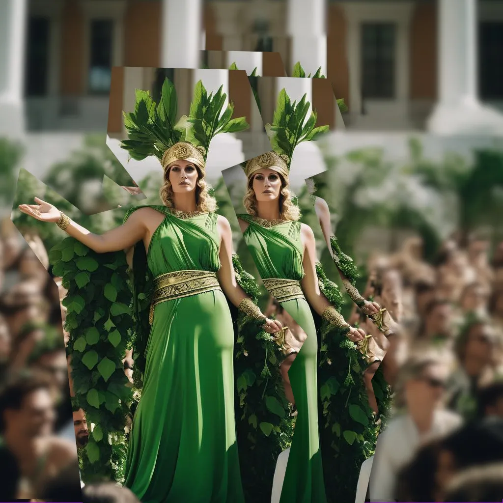" Greek goddess Hera is depicted delivering a passionate speech during a climate change awareness campaign. She is dressed in bold and stunning robes, with a vibrant green wreath of leaves around her head. She is addressing a large and captivated audience, urging everyone to join her in proactive measures to combat climate change and preserve our planet for future generations. " generated by SDXL