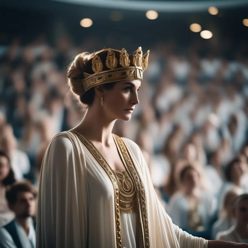 "the ancient Greek goddess Hera, elegantly dressed in flowing robes, gracefully takes the stage in a modern auditorium, gathering funds from the audience to contribute to the ongoing environmental preservation projects." generated by SDXL