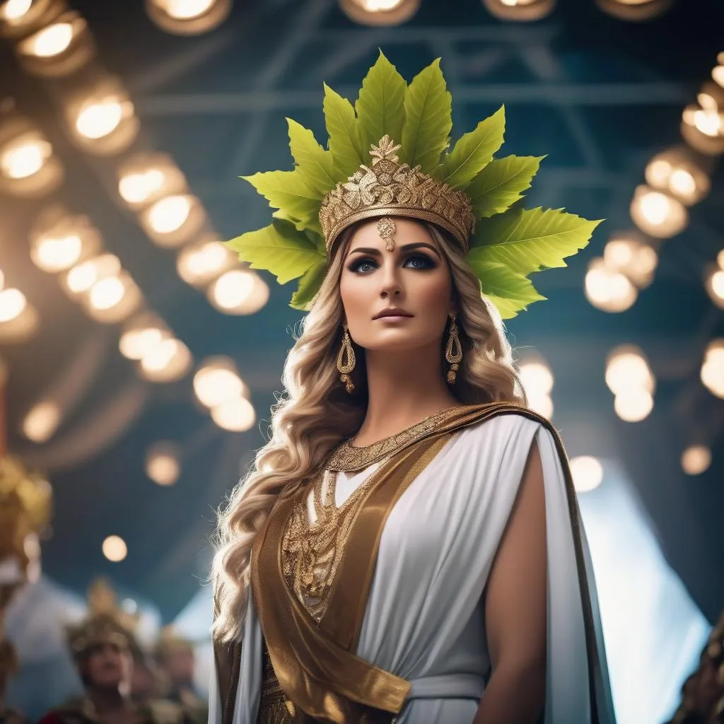 "A stunning image portrays the ancient Greek goddess Hera, dressed in elegant flowing robes and wearing a crown adorned with vibrant leaves, captivating a large audience on a modern stage as she gives a presentation on Disaster Preparedness. With the latest technology and digital tools at her disposal." generated by SDXL
