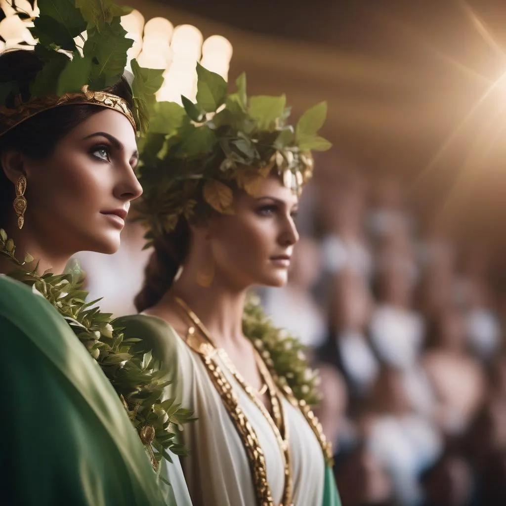 "the ancient Greek goddess Hera, dressed in elegant flowing robes and wearing a wreath adorned with vibrant leaves, towers over an audience in a modern auditorium, delivering an inspiring environmental education program." generated by SDXL