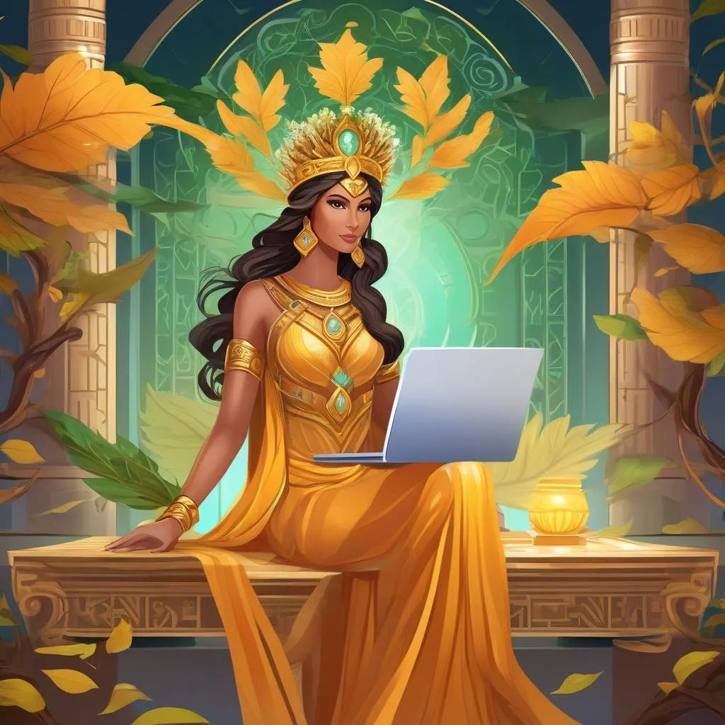 "Generate the image: A depiction of the ancient Greek goddess Hera, dressed in flowing robes and a crown adorned with leaves, seated at a sleek and modern computer desk with multiple screens displaying intricate and complex software programs. She is deeply focused as she develops an online platform to help organizations accurately calculate their environmental impact utilizing innovative and sustainable technologies and practices. A vibrant and green backdrop conveys the platform's focus" generated by SDXL