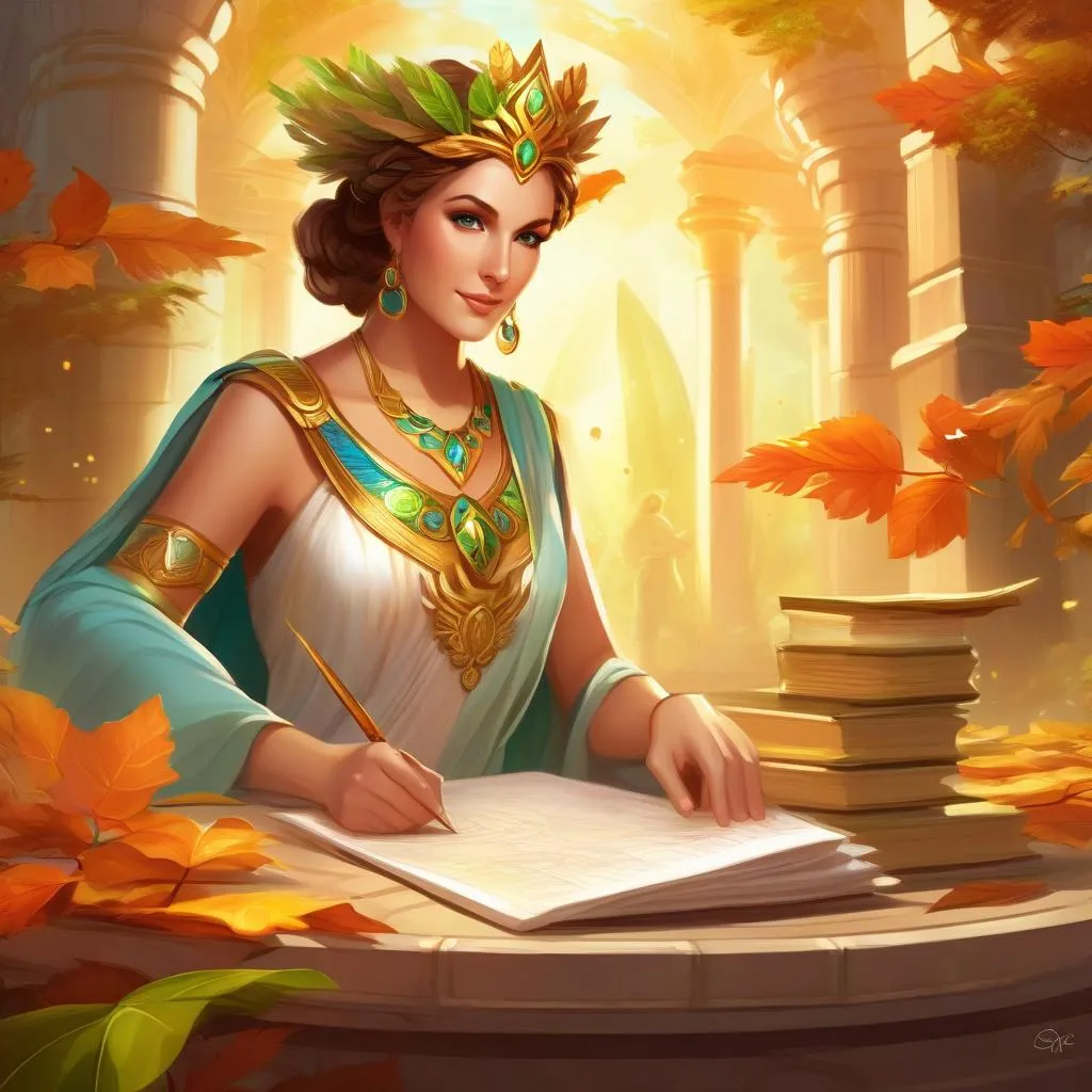 "The striking image portrays the ancient Greek goddess Hera, dressed in glistening robes and a crown adorned with vibrant leaves, diligently compiling reports at her desk with a quill and parchment by her side. She is meticulously drafting reports on the latest environmental research, environmental policy initiatives, and data, highlighting the crucial role she plays in advocating for environmental conservation and sustainability." generated by SDXL