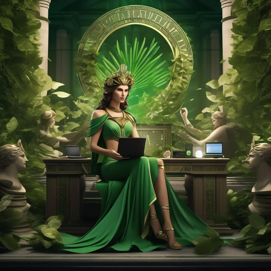 "In this visually stunning representation, the ancient Greek goddess Hera is depicted in modern-day clothing and a wreath of green leaves, seated at a grand desk equipped with multiple screens and gadgets, expertly managing and administering a database. She is proficiently navigating through the database, utilizing advanced technology to maintain and store data-sets related to environmental research, sustainability initiatives, and climate change policies." generated by SDXL