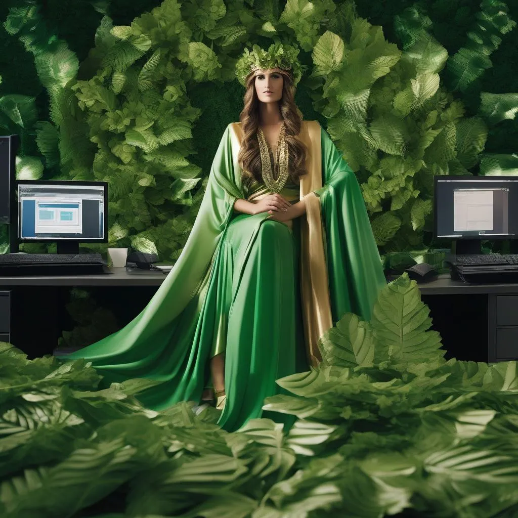 "the ancient Greek goddess Hera is depicted in a modern setting, dressed in vibrant and flowing robes, wearing a green wreath of leaves, and diligently working at her cyberspace desk on building an online Renewable Energy Resource Center. In this center, she will provide the public with the most advanced and practical ways to foster sustainability." generated by SDXL