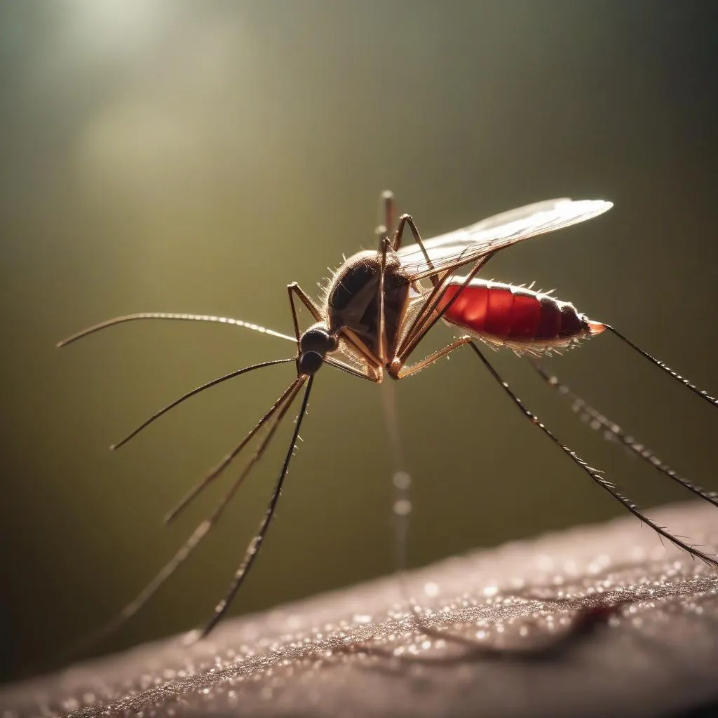 "A Blurred Image Of A Mosquito Filled With Our Blood, Spreading The Deadly Malaria Virus, As Climate Change Provides Favorable Environments For Vector Breeding" generated by SDXL