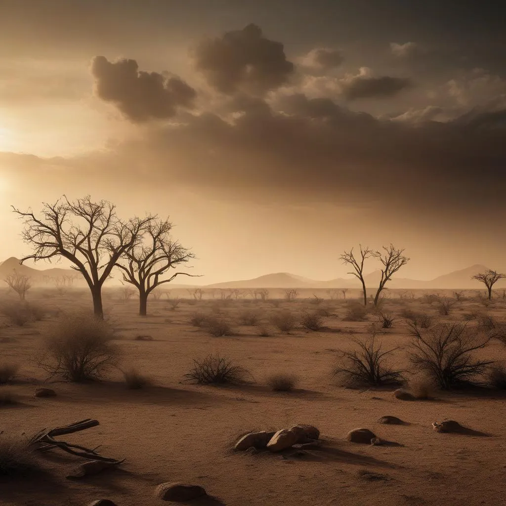 Generate the image: "Extinction Crisis Caused by Loss of Biodiversity"  Description: This image portrays a lifeless and barren landscape cultivated by relentless heat and environmental degradation. Trees and plants have withered away, while animals have vanished from their natural habitats. The background shows climate change projections, ominously projecting increasing temperatures in various regions." generated by SDXL