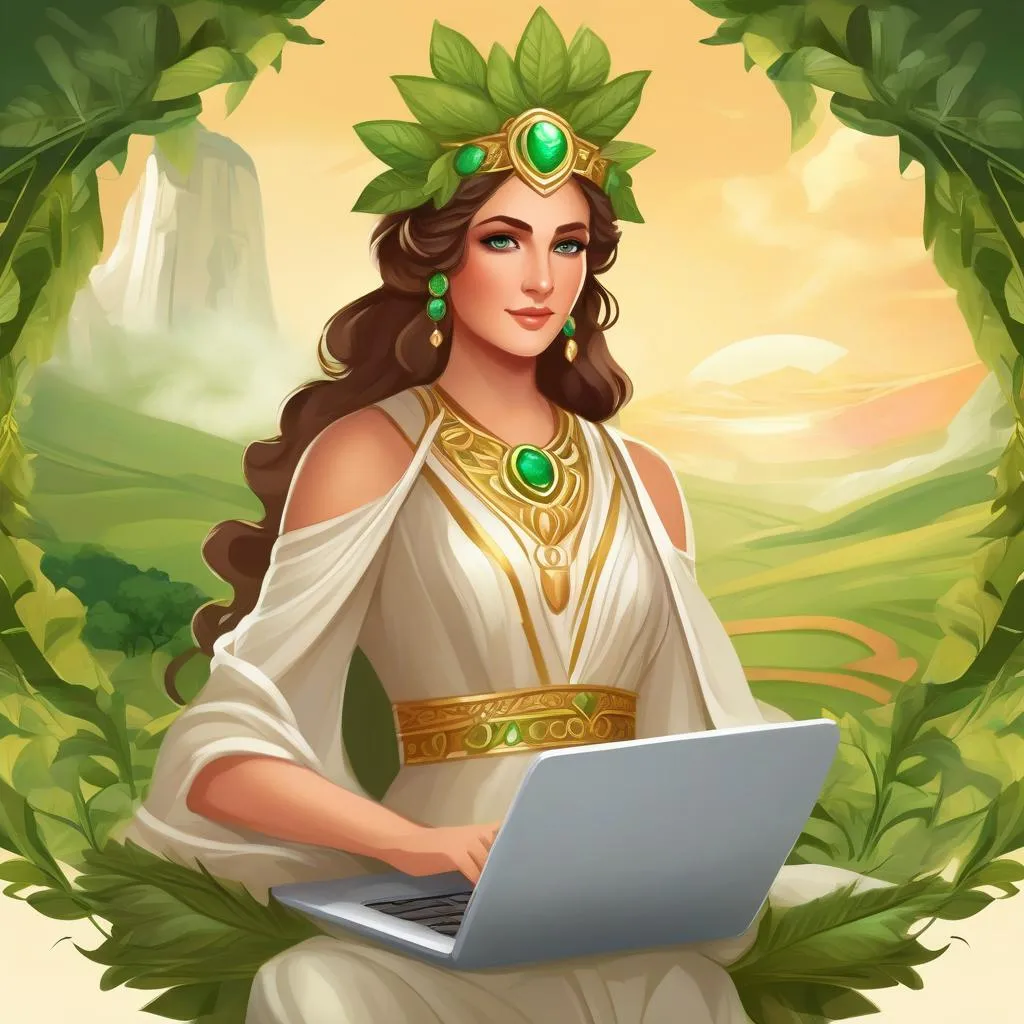 "A stunning rendition of the ancient Greek goddess Hera, dressed in luxurious flowing robes and a wreath adorned with verdant leaves, diligently working on a laptop surrounded by lush farmland. She is determinedly focusing her attention on building an Open Source Sustainable Agriculture Platform, that will help farmers worldwide to employ the most advanced, sustainable, and eco-friendly agriculture techniques with the use of open-source technology" generated by SDXL