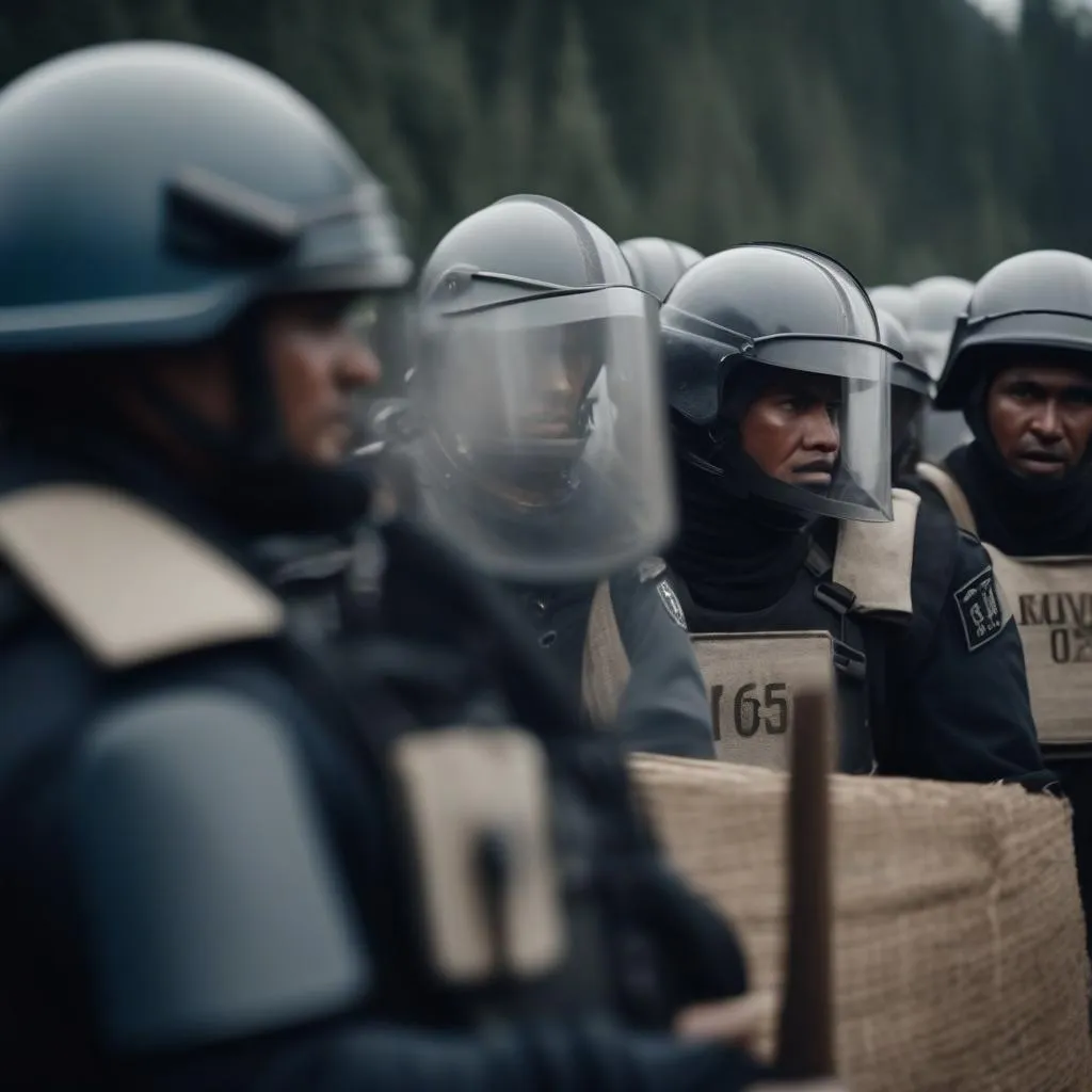 "Climate Change Induced Conflict between Communities and Corporates"  Description: This image depicts a scene where riot police forcefully disperse villagers who are protesting against the construction of a mine, which would devastate crucial ecosystems. This implies that environmental exploitation by corporations has increased because of the devastating impacts of climate change on traditionally made lands, adding another troubling layer to already existing social conflicts." generated by SDXL