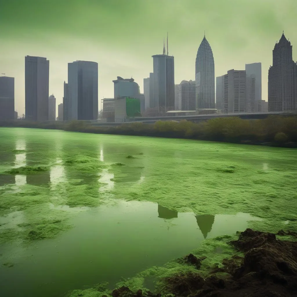  Generate the image: "Health Concerns due to Water-related Diseases"  Description: This image depicts a city skyline tainted with the green hue of toxic algal blooms. People are observed wearing face masks and gloves, and the warning sign for waterborne diseases is displayed prominently. The water sources, such as rivers, lakes, and bays, appear tainted with the green scum of the algal blooms." generated by SDXL