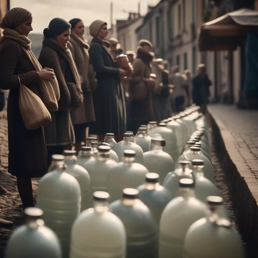 "An Urban Landscape With People Carrying demijohns, Queuing Up For Water From A Public Tap, Due To The Emergence Of Water Shortages Fueled By Climate Change" generated by SDXL