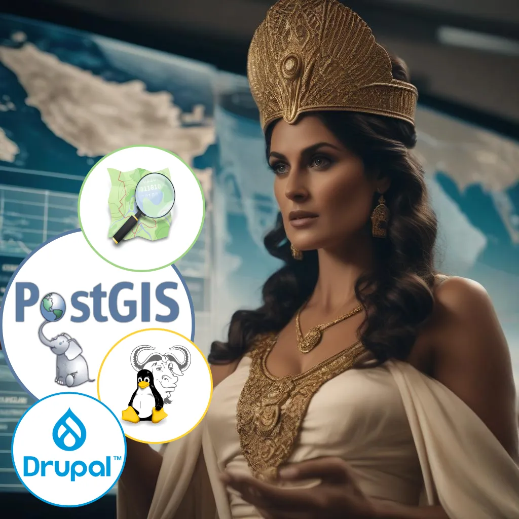 Goddess Hera making a presentation about climate change. A large digital screen displaying maps, data, and statistics about the effects of climate change in the background. Generated by SDXL.